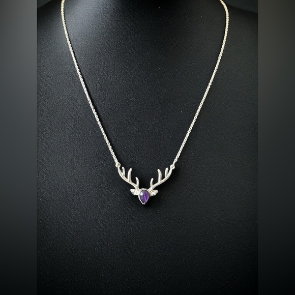 Silver Amethyst Deer Head Necklace - Picture 2 of 4